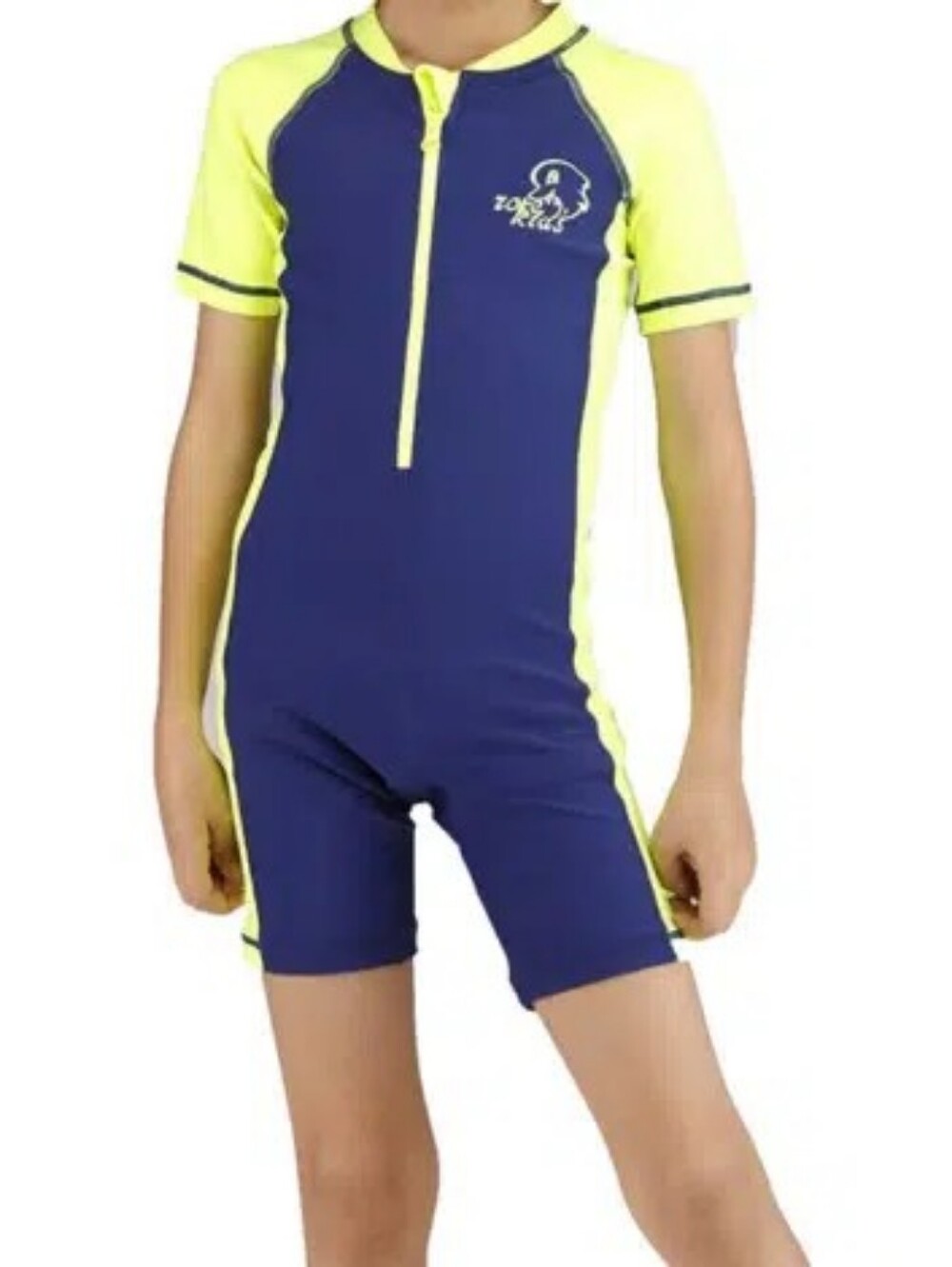 Kids Navy and Cream One-Piece RASHGUARD Bodysuit with Neon Zip - ZOKE